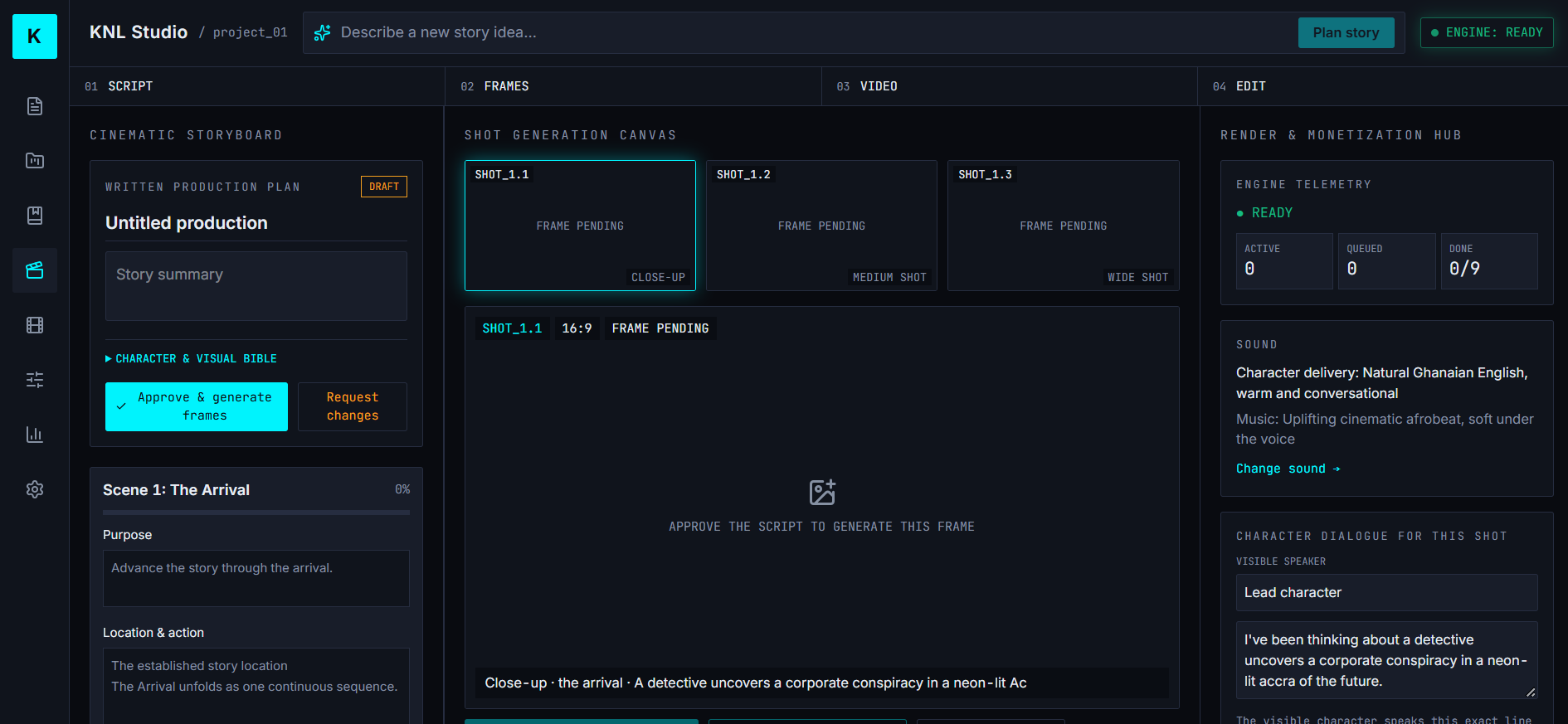 KnL Studio dashboard with script, frames, video and edit stages